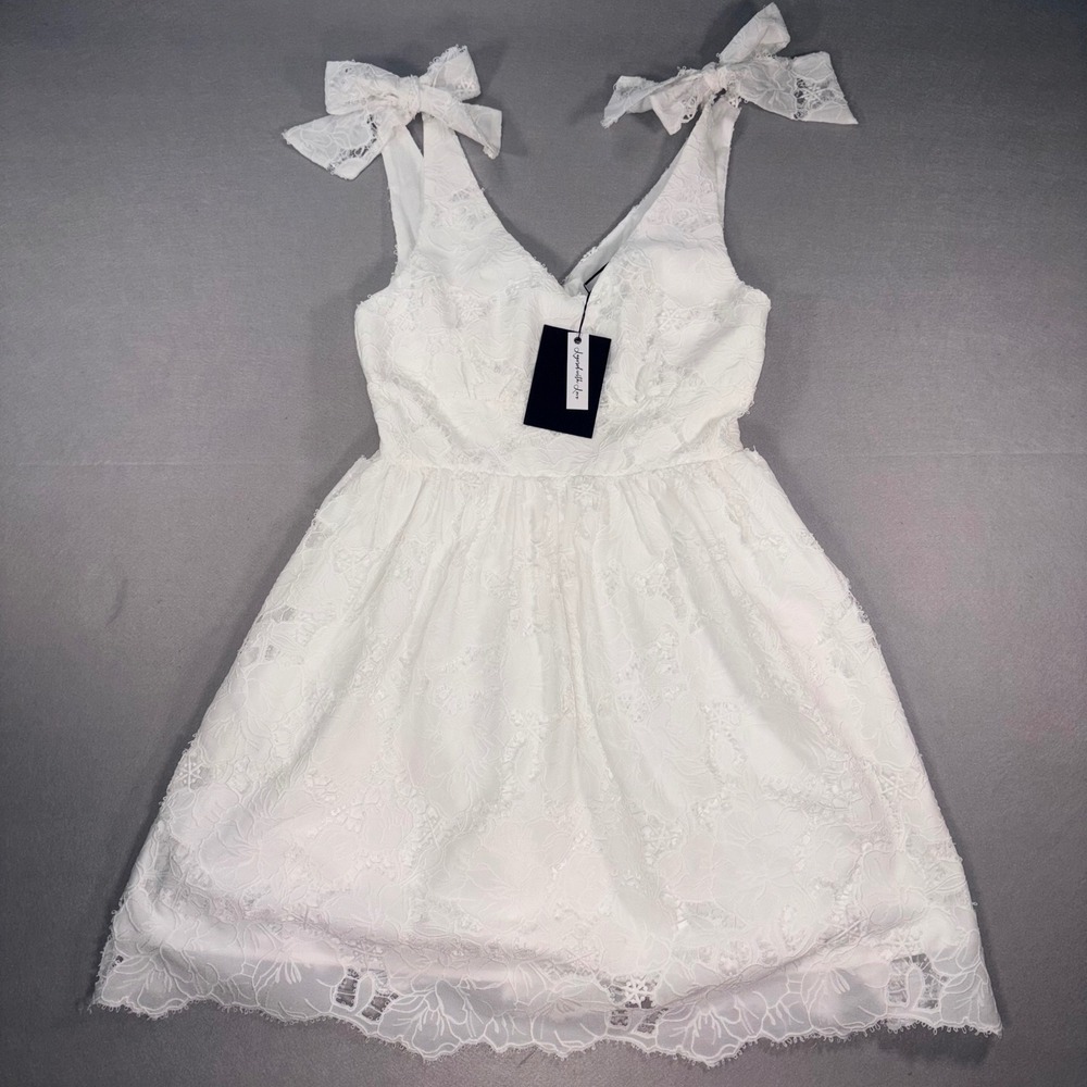 Layered with Love White Lace Mini Dress Bow Straps V-Neck Sleeveless Small NWT